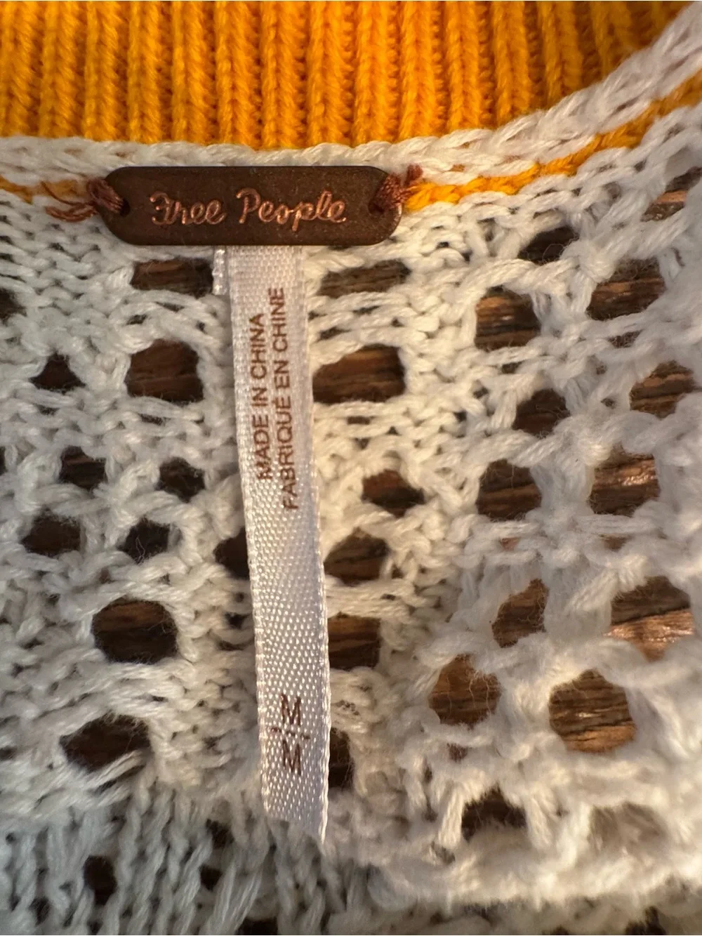 Free People White Open-Knit Sweater with Gold  Trim